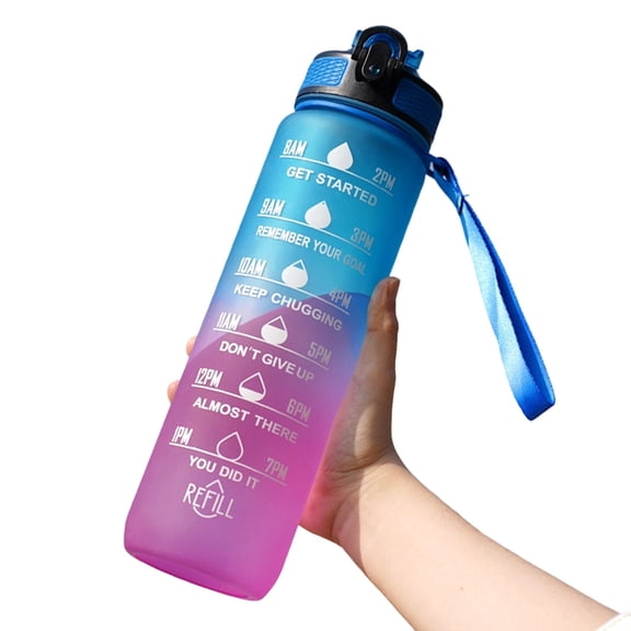 Gradient Motivational Time Marker Water Bottle With Straw & Strap, Leakproof Sports Water Bottle For Gym Fitness,Blue,32oz(1L)
