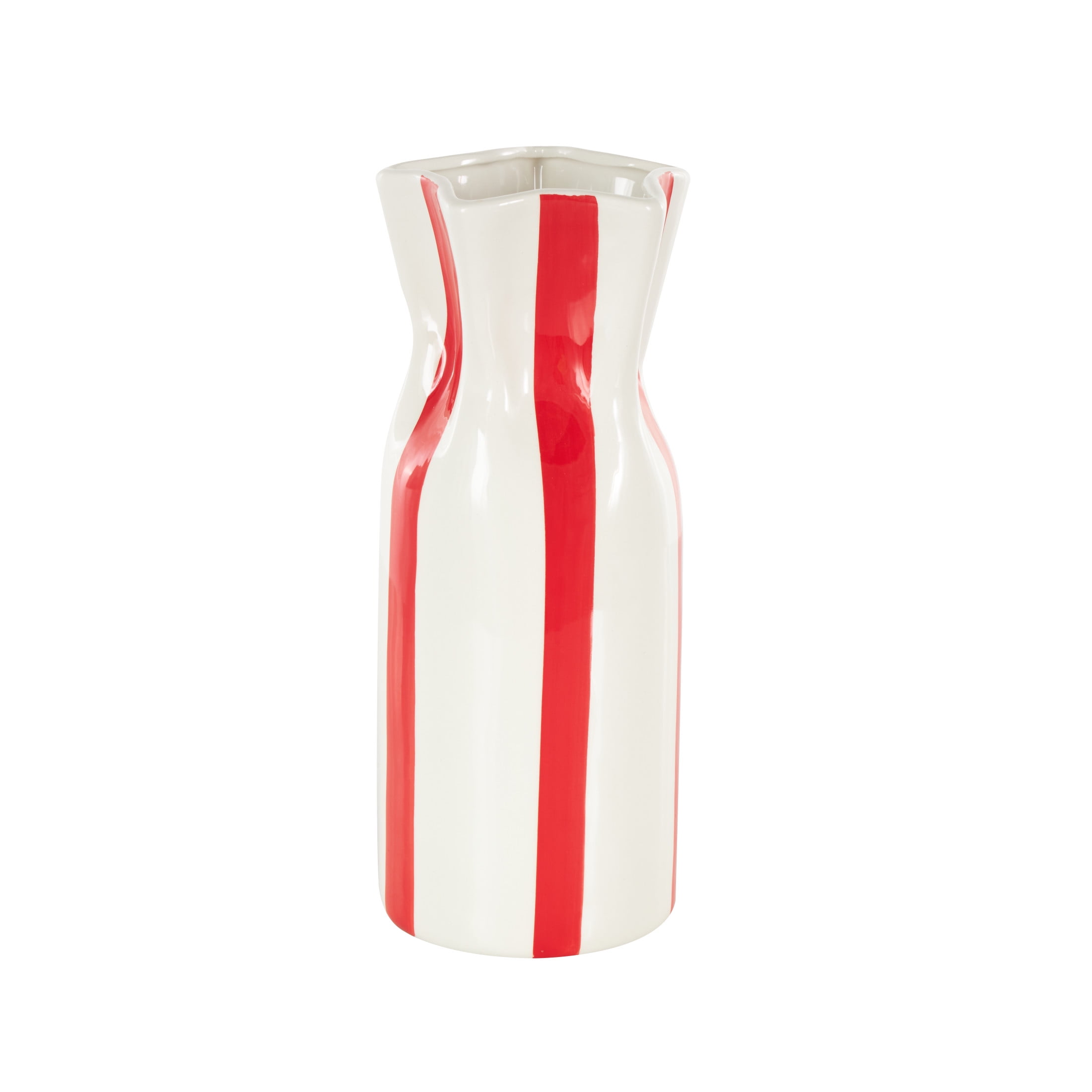 DecMode 12" Round Red Ceramic Vase with White Vertical Stripes