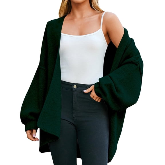 Women's Oversized Chunky Knit Cardigan, Open Front Long Sleeve Sweater Coat, Solid Color Lounge Cardigan, Cozy Fall Winter Sweater, Loose Fit Casual Cardigan, Hip Length Cardigan Blackish Green L