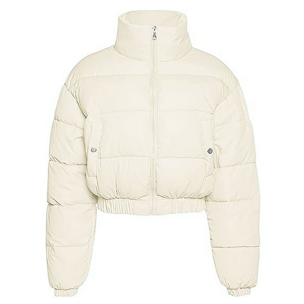 Parkas de manga larga para mujer, chaqueta acolchada corta lisa con cremallera, cuello alto, bolsillo con cremallera, chaqueta elástica, abrigo de exterior para mujer