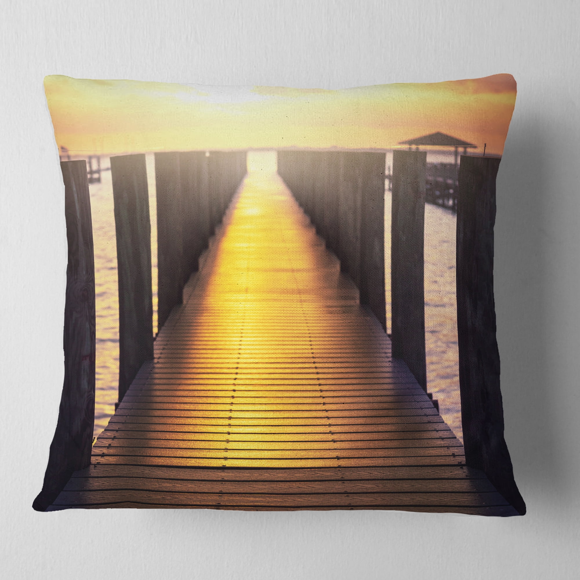 Designart Sea Bridge with Sunset Reflection - Seashore Throw Pillow - 16x16