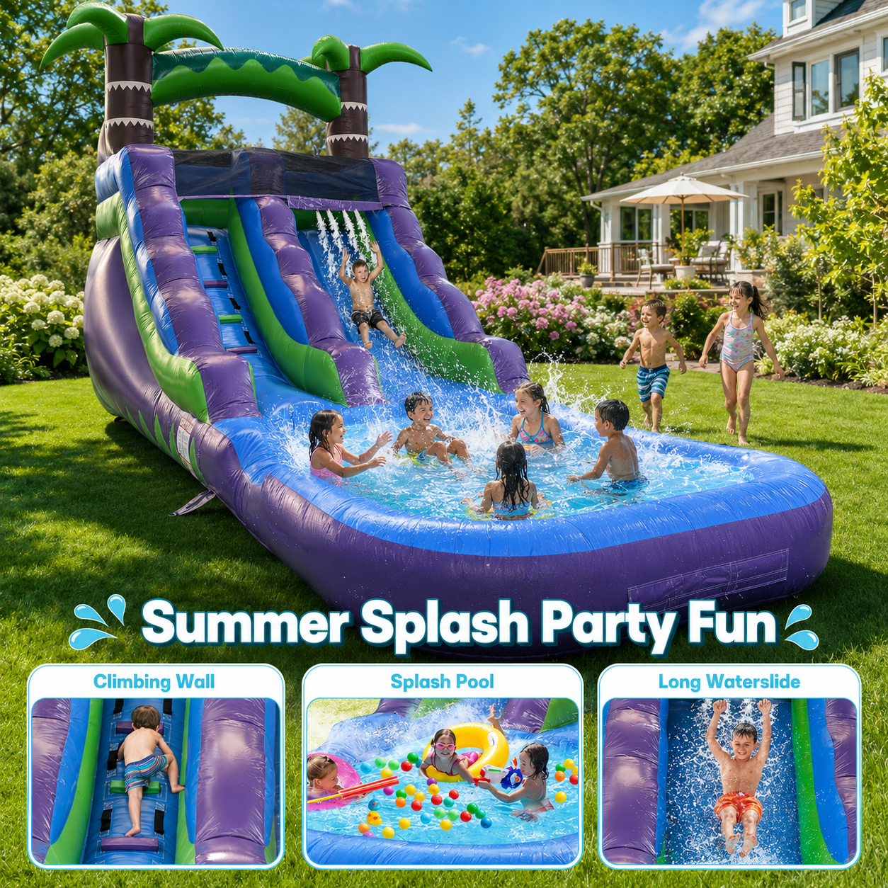 21ft Commercial-Grade PVC Inflatable Water Slide with Splash Pool & Blower, Wet/Dry Backyard Water Slide for Kids Summer Parties, Blue & Purple