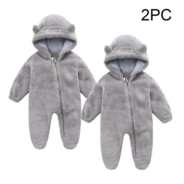 AherBiu 2PCS Baby Girls Boys Clothes Infant Newborn Onesie Hooded Fleece Jumpsuits Fall Winter Pajamas Outfits Solid Color