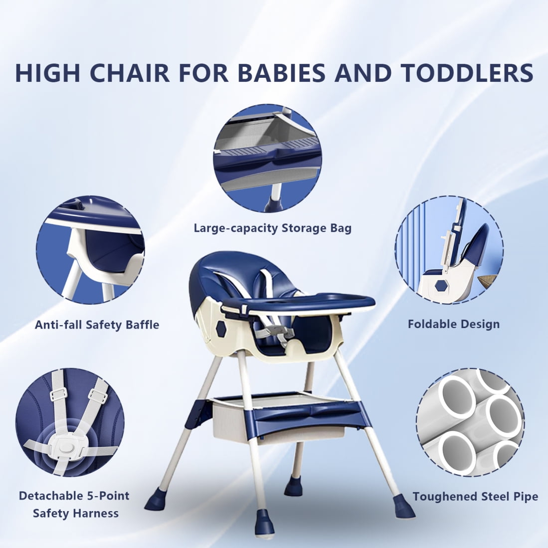 XunKA 4-in-1 Baby High Chair, Convertible Feeding Chair for Infant with Double-Layer Dinner Plate and Toy Rack for 6 Months to 3 Years, Blue
