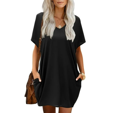 

Dresses For Women 2022 Casual With Pocket Short Sleeve Dress Solid Color Dress