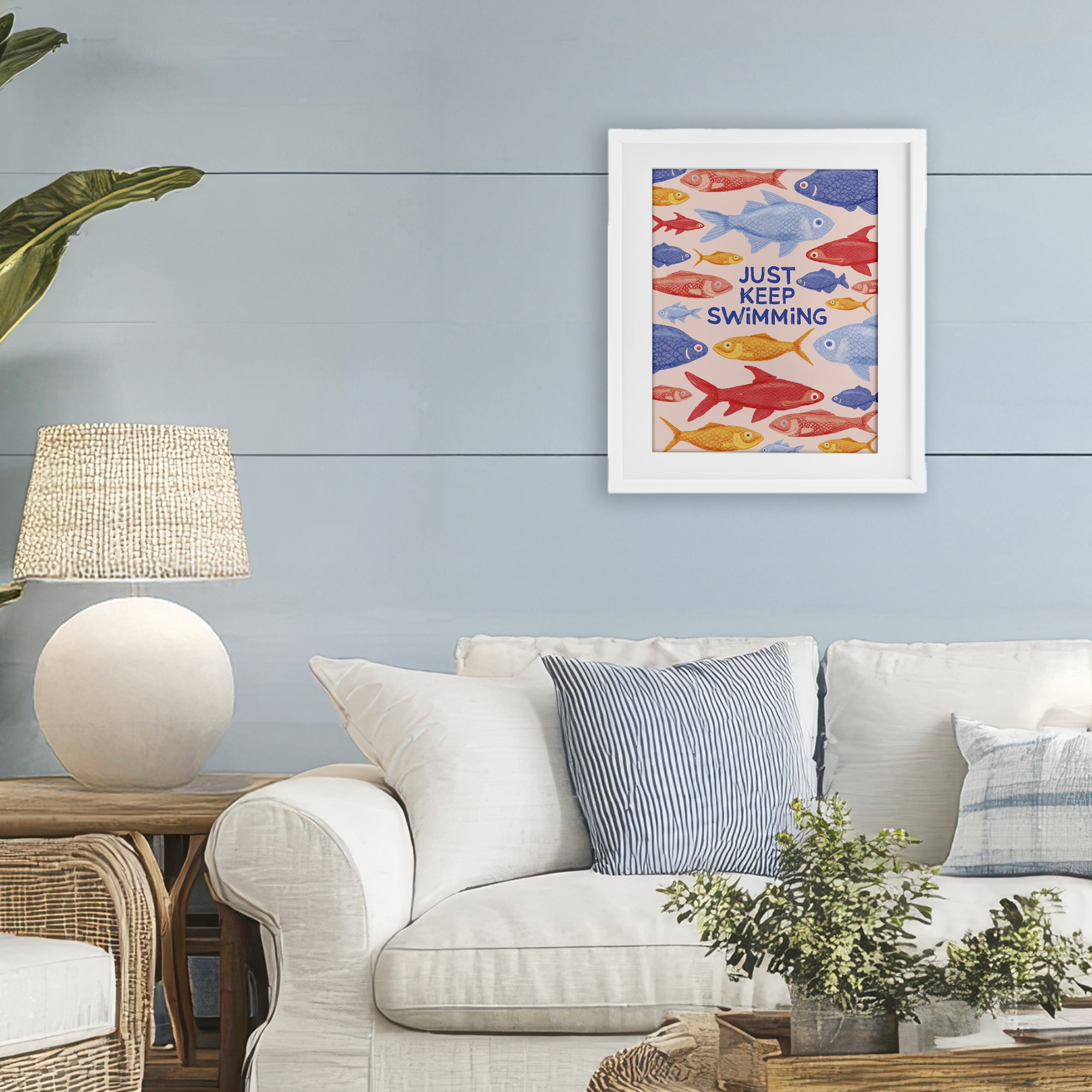 Stupell Industries Just Keep Swimming Fish White Framed Print Under Glass, design by The Paper Curator