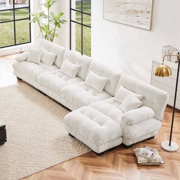 Modern Simple Chenille Fabric 4-Seater L Shaped Sofa with Convertible Ottoman