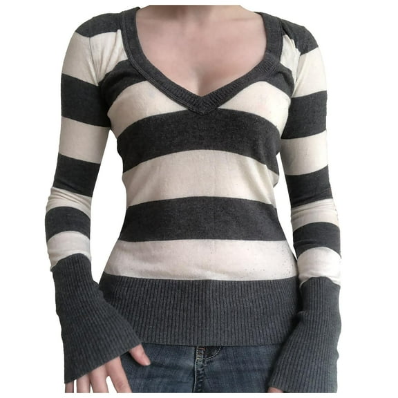 Women's Sweater Striped Long Sleeve Color Block Deep V Slim Vintage Knitted Trendy Clothes 2025