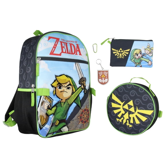 Legend of Zelda 5 Pc 16" Backpack Lunch Box Set School Travel Lunch Tote Pencil Case Rubber Keychain Backpack For Kids