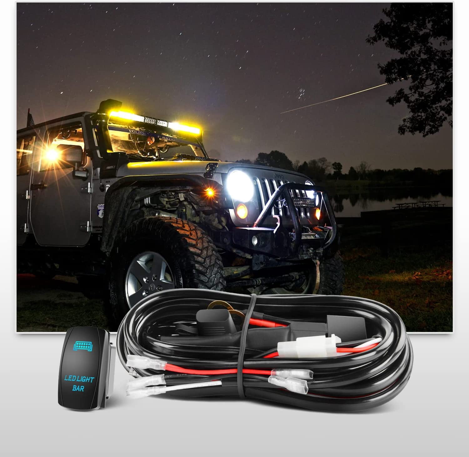 Nilight 54 Inch 312W Curved Spot Flood Combo Led Light Bar LED Off Road Light Driving Light and 1PC 14AWG 12V 5Pin Rocker Switch Wiring Harness Kit - 1 Lead