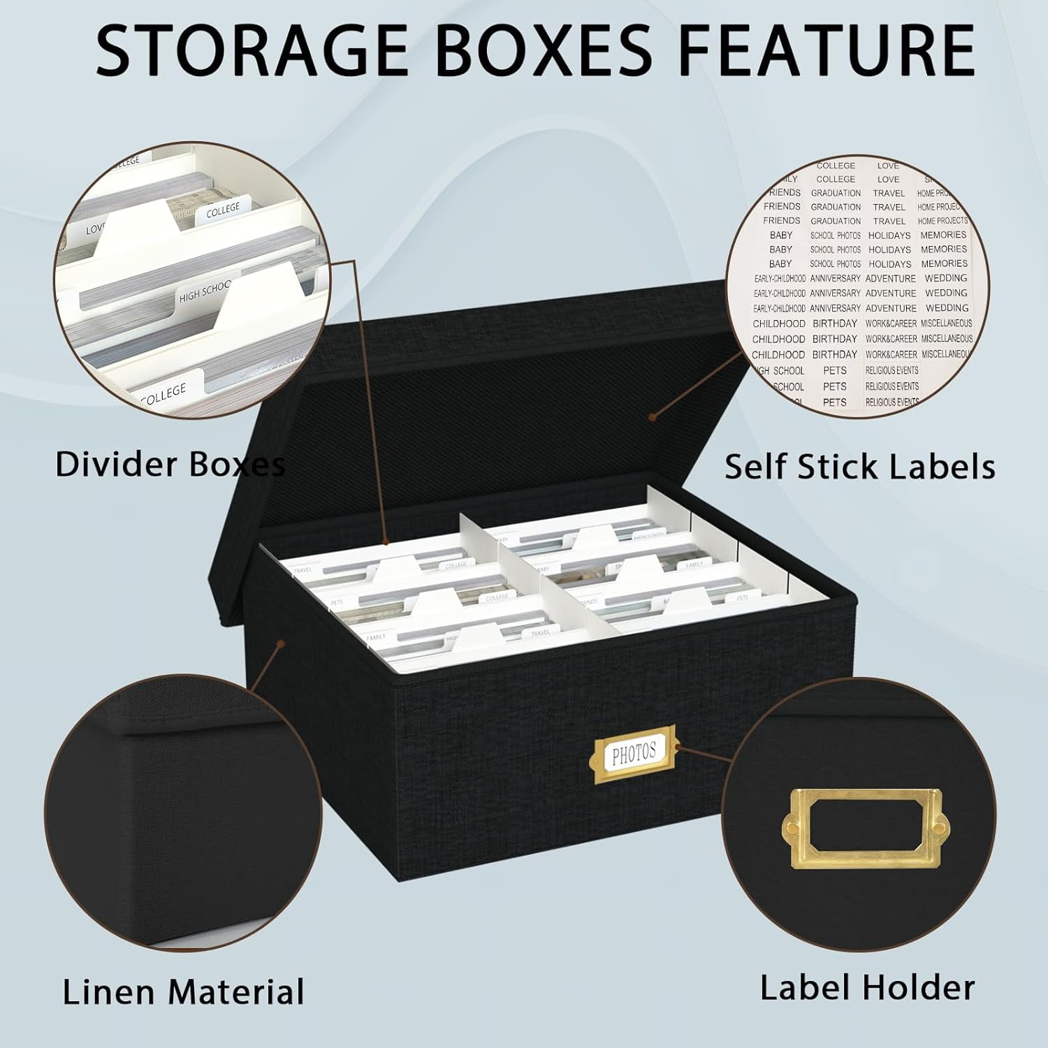 Decorative Photo Storage Box - 2 Pack Linen Photo Box Organizer with Dividers, Fits Holds  to 1700 Pictures and 4x6 Photos, Memory Keepsake Organizer for Scrapbook Supplies, Cards, Stamps (Black)