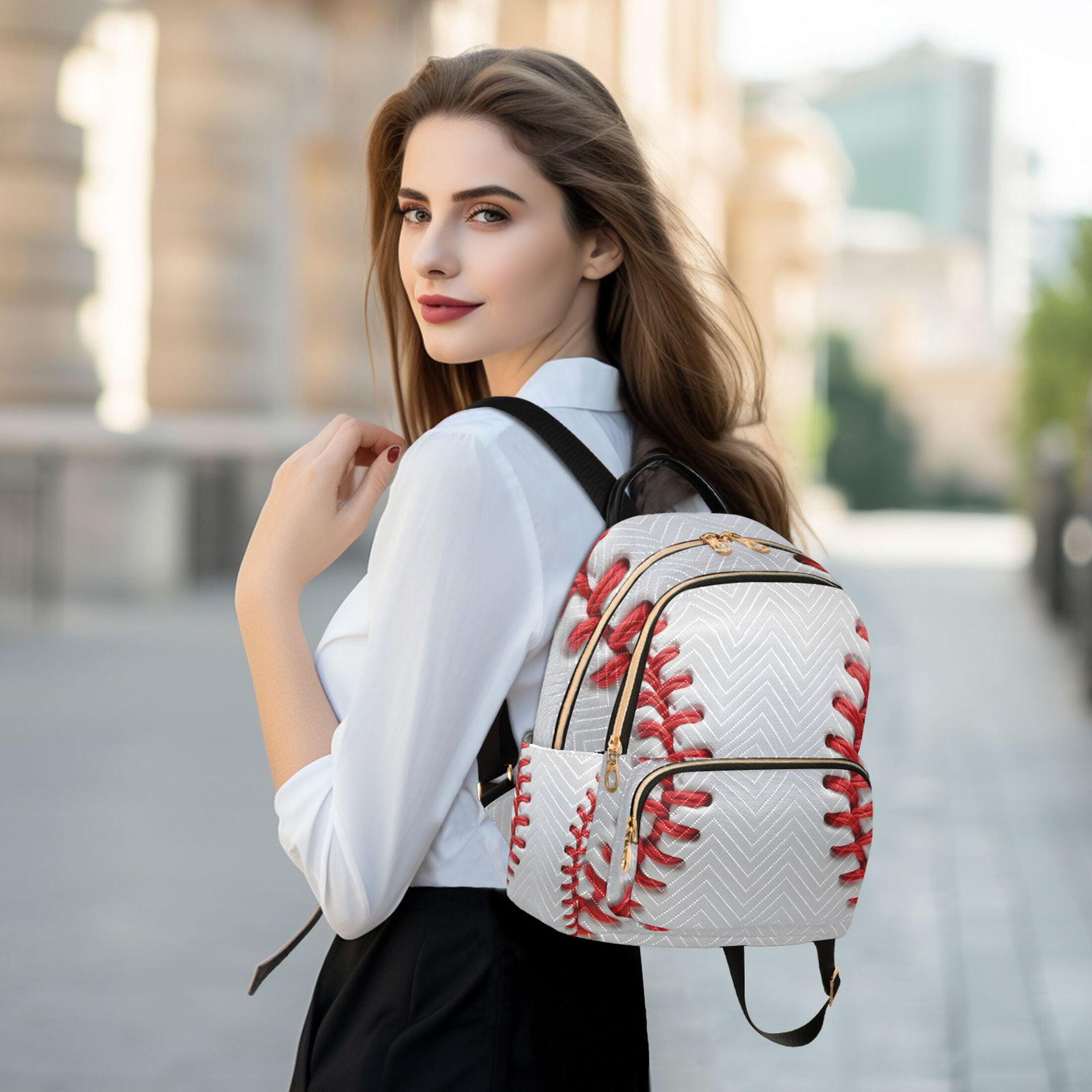 White Baseball Close Up Quilted Backpack Fashion Daypack Commuter Bag for Women 8.5 L