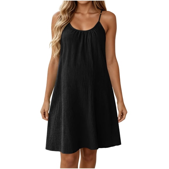 Lmueinov 2026 Women's Spaghetti Strap Gathered Neck Cotton Linen Shift Dress, Soft Breathable Loose Casual Daily Vacation Beach Mini Slip Dress S-2XL