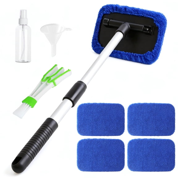 cyrico 8 Pcs Windshield Cleaner Tool, Car Window Cleaner Tool with Extendable Handle & 4 Reusable Microfiber Pads, Car Interior Cleaning Kit Auto Glass Wiper for Car & Home Windows, Blue