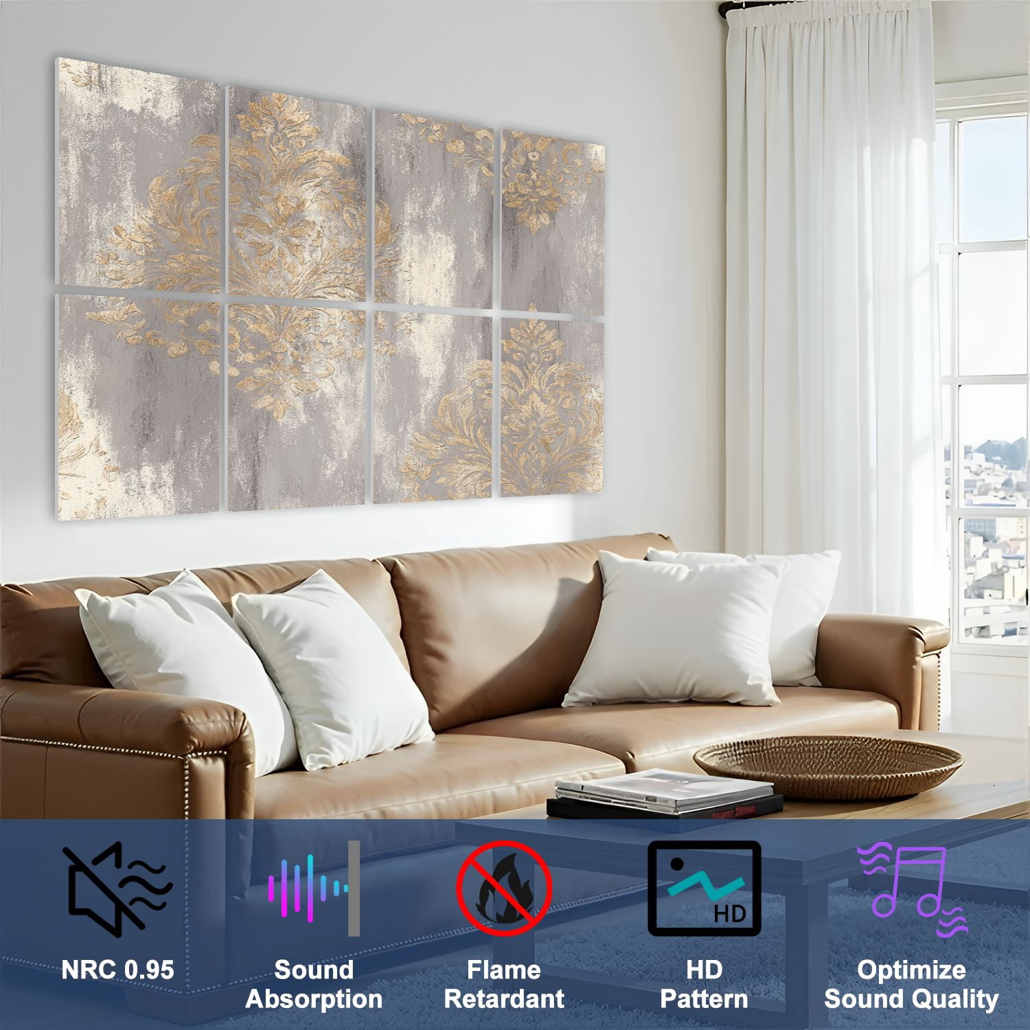 8 Pack Art Acoustic Panels Sound Absorbing Elegant Gold Damask Gray Beige Decorative Soundproof Wall Panels Self Adhesive for Nursery Game Room Bedroom 48"x32"