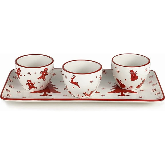 Euro Ceramica Winterfest 4 Piece Holiday Entertainment Serving Set | High Fire Earthenware Ceramic | Rectangular Platter & 3 Dipping Bowls | Hand-Stamped Holiday Design, Large, Multicolor