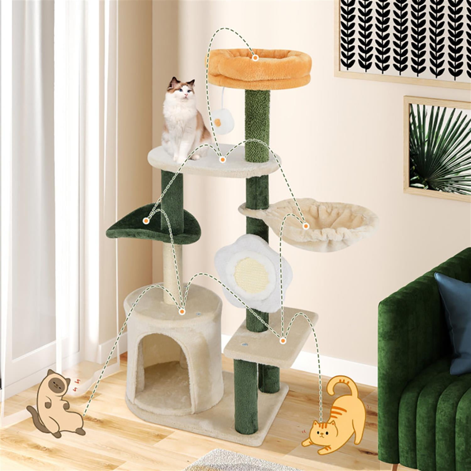 Kadyn 71" Cat Tree Tower with Hammock for Indoor Cats, Cute Flower Cat Tree House with Scratching Posts and Dangling Ball, Beige