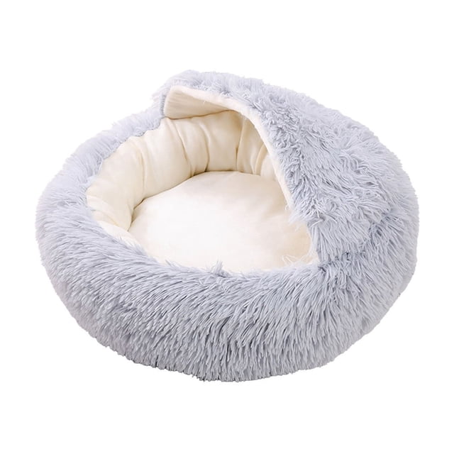 Grey Semi Enclosed Kitty Bed Indoor Pet Bed With Cover Non Slip Fluff Shell Shape Winter Warm Cat Dog Bed Grey
