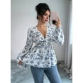 thumbnail image 3 of Women'S Floral Print Blouse Long Sleeve Babydoll Shirt Deep V Neck Peplum Top Blue S, 3 of 7