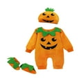 thumbnail image 1 of Babies Chic Halloween Clothes Set Cute Pumpkin Face Romper Broadened Crotch Cap and Slipper Socks, 1 of 9