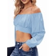 thumbnail image 2 of Woman Off Shoulder Ruched Tie Back Crop Top Summer Lantern Sleeve Boho Shirt Blouse Blue M, 2 of 9