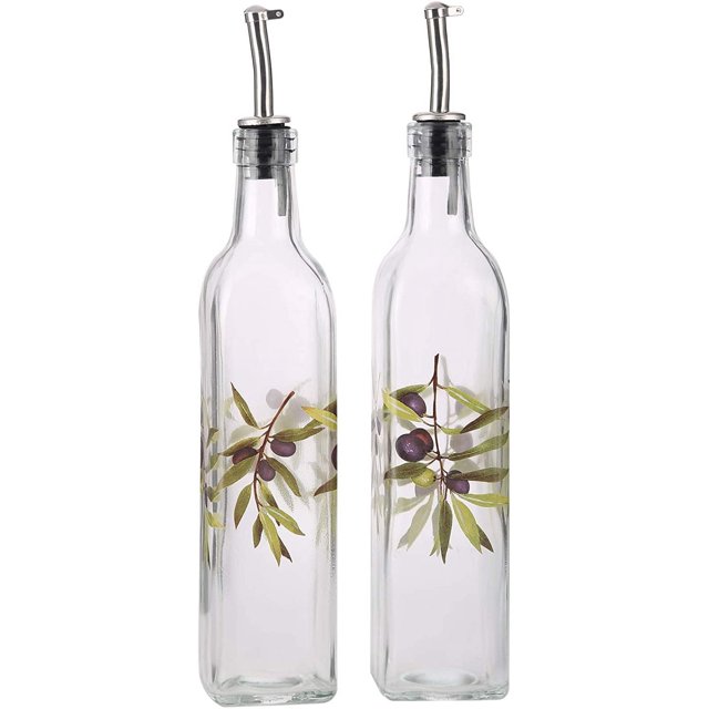 Dispensador de aceite de oliva y vinagre, juego de botellas dispensadoras de vidrio, juego de dispensadores de aceite de cocina con pico vertedor de acero inoxidable a prueba de fugas para cocina y