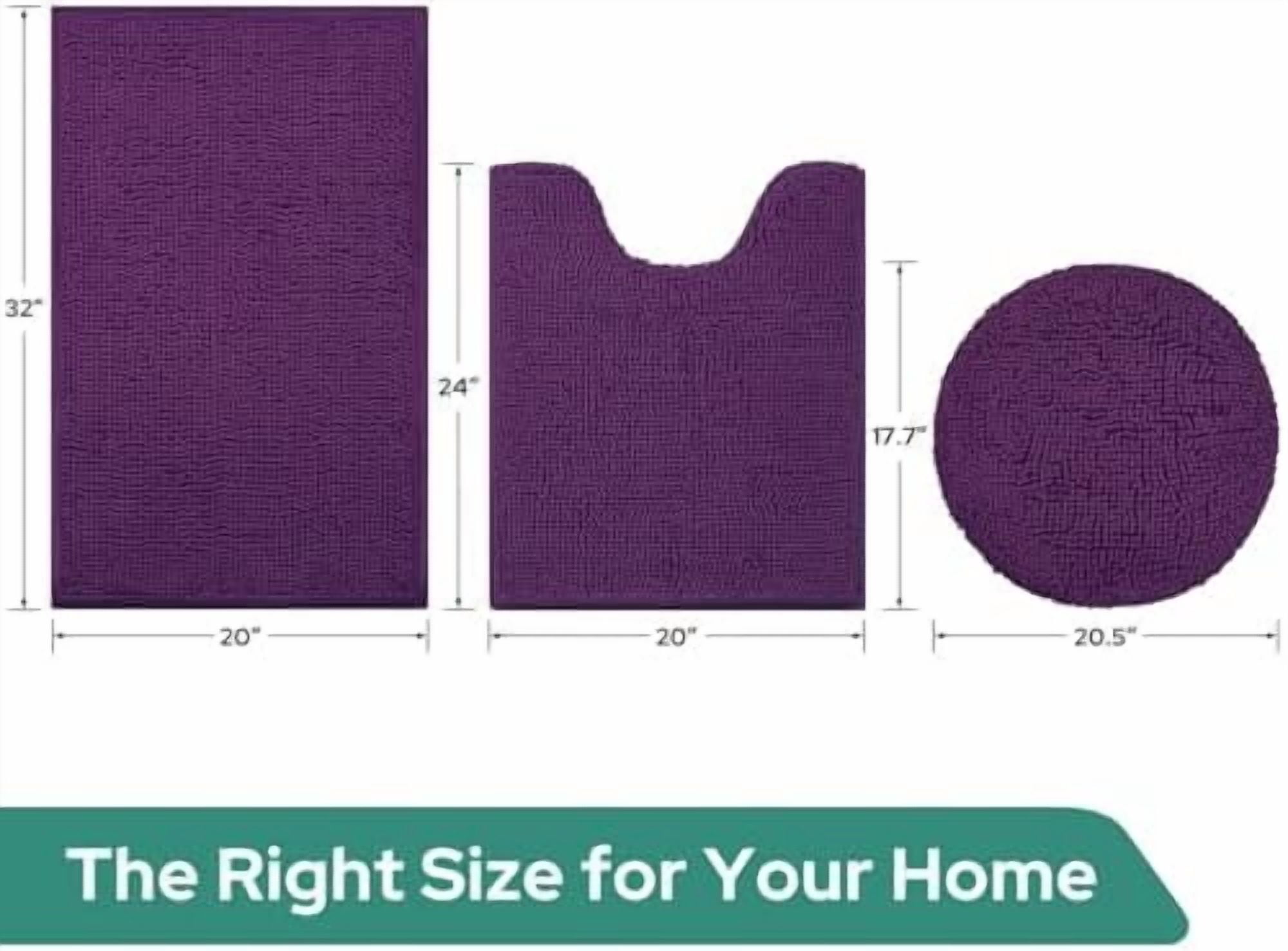 3 Pieces Dark Purple Bathroom Rugs Set, Ultra Soft Non Slip Bath Rug and Absorbent Chenille Bath Mat, Includes U-Shaped Contour Rug, Bath Mat and Toilet Lid Cover, Perfect for Bathroom Floor
