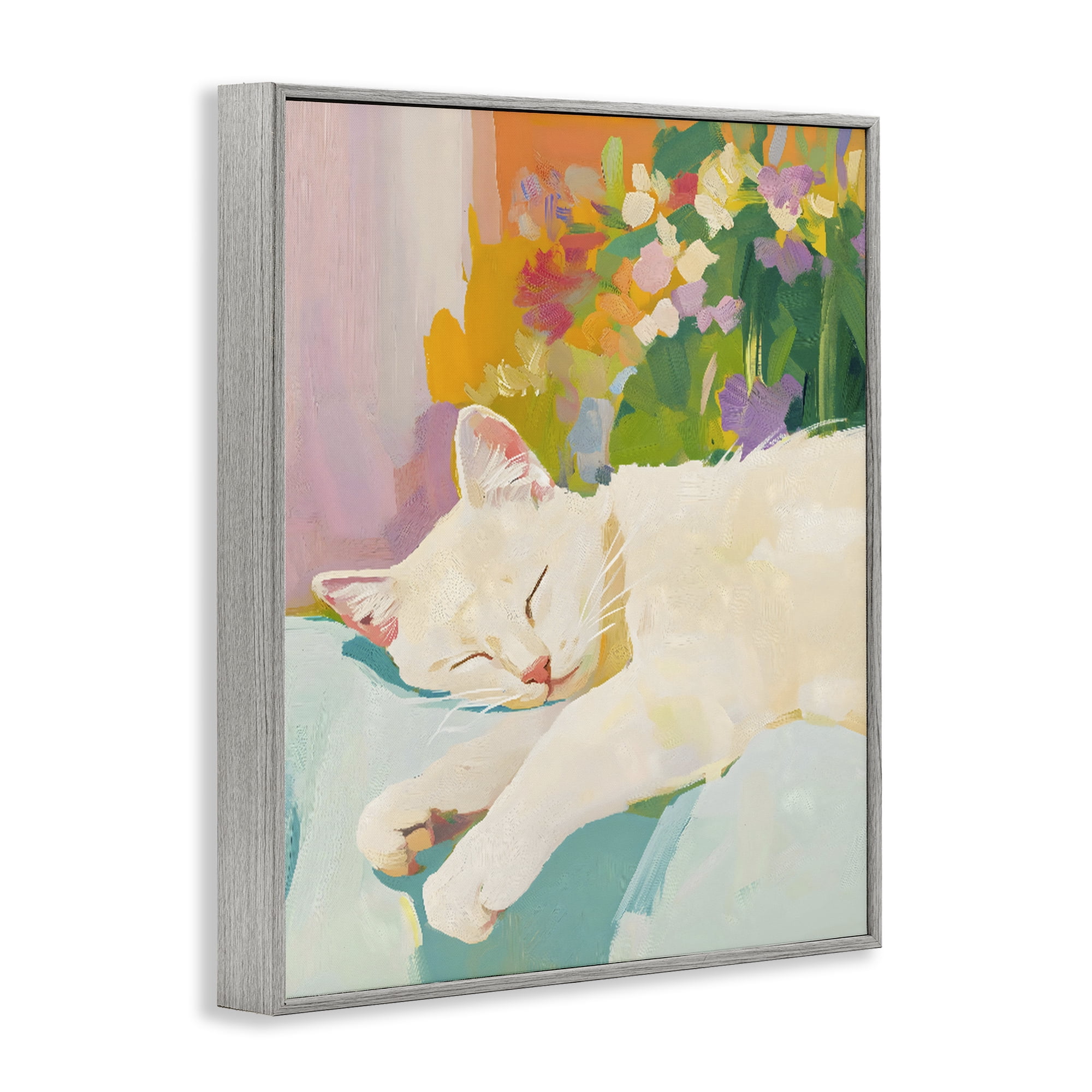 Stupell Industries Sleeping Cat with Flowers Gray Framed Giclee Art, design by The Prints Vibe