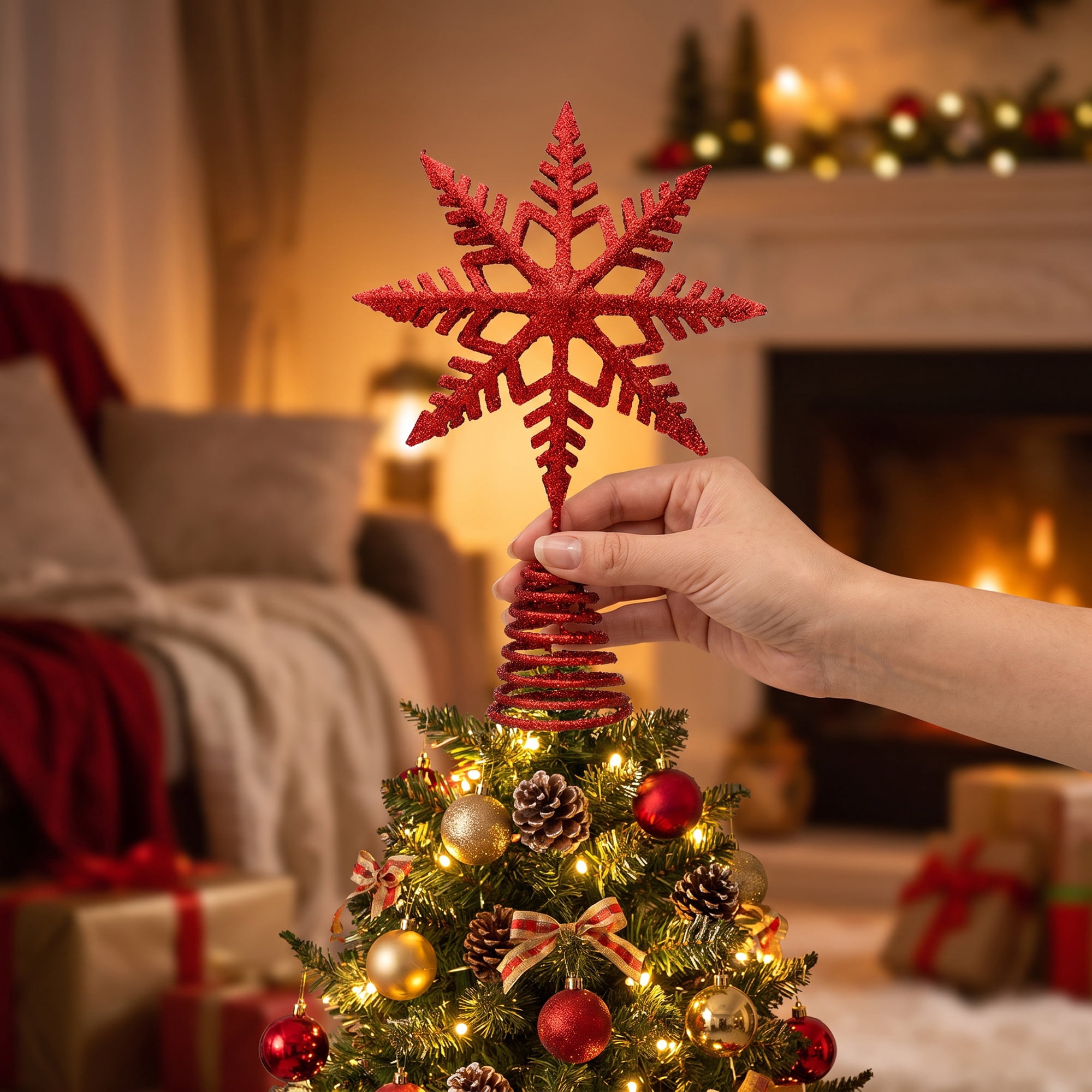 Unique Bargains Glittering Snowflake Tree Decoation with Radiant Spring Mount Red 9.1"