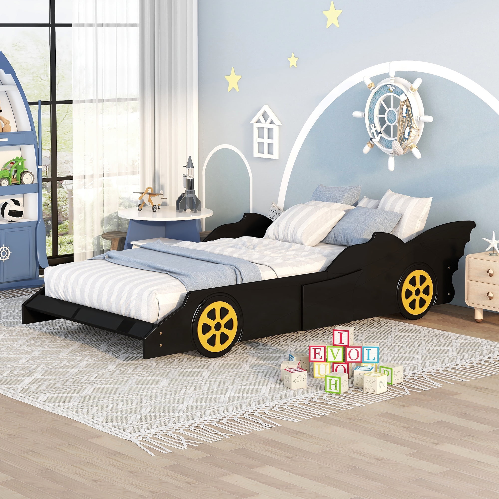 iRerts Twin Size Race Car Bed Frame with Wheels, Wood Twin Platform Bed