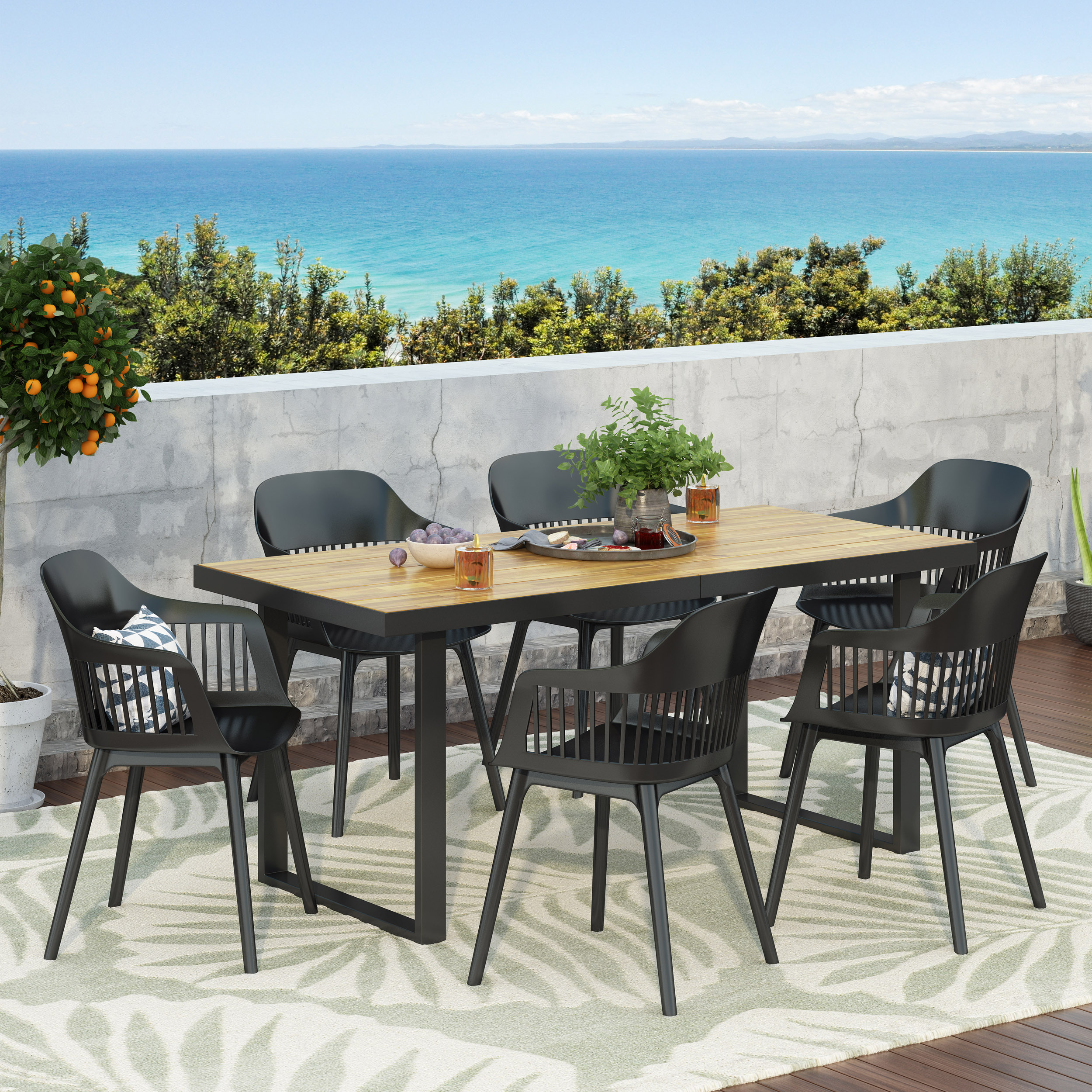 Miramar Wood and Resin Outdoor 7 Piece Dining Set, Black and Teak