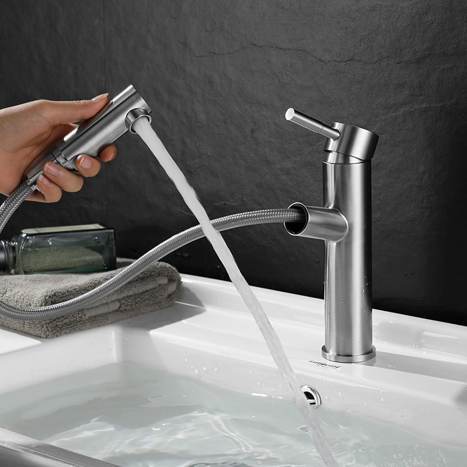 Pull Out Bathroom Faucet Brushed Nickel 360° Swivel Single Handle Vanity Sink Faucet Pull Down Bathroom Faucet