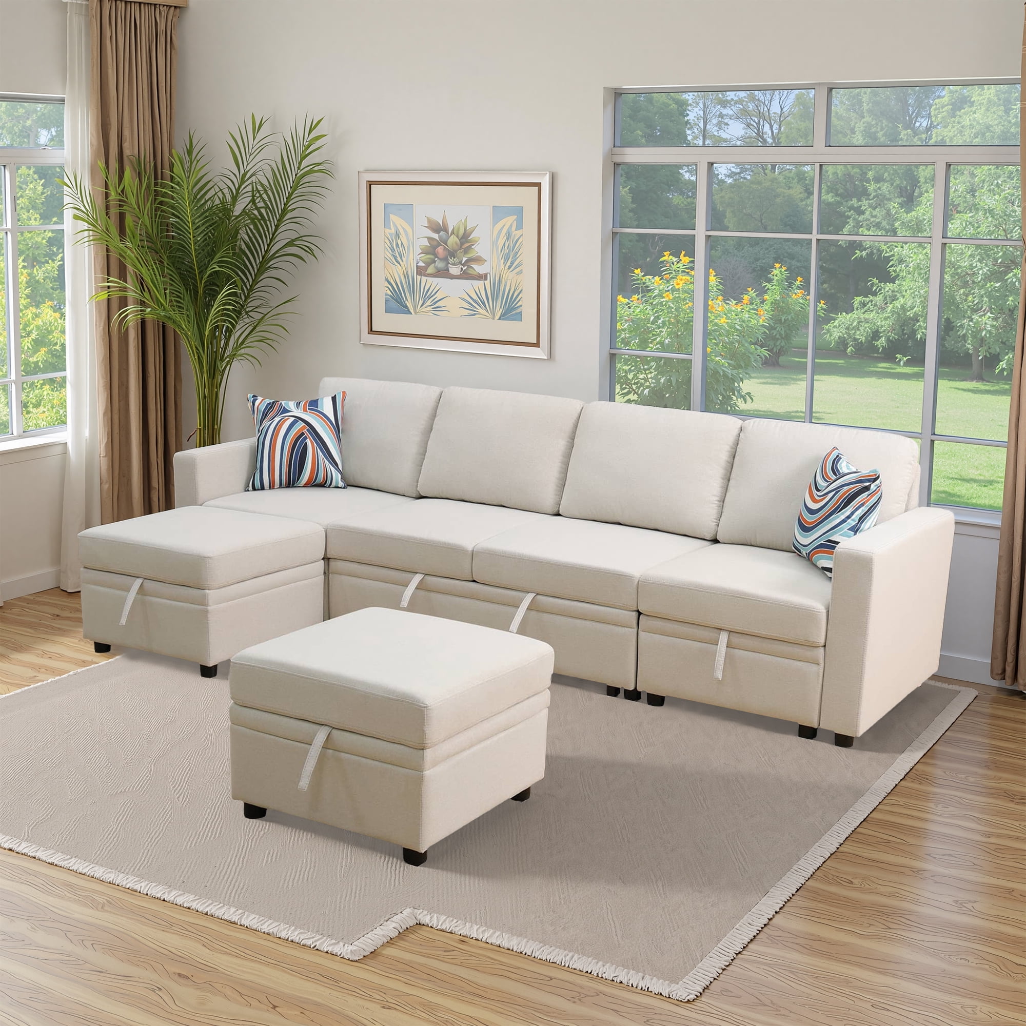 MAYEERTY Off-White Sackcloth 6-Piece Living Room Sofa Bed