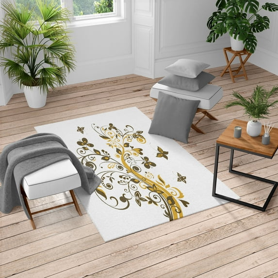 Floral Turkish Area Rug, Tree with Swirled Branches and Flowers Leaf Butterfly Bridal Inspirations Theme, Soft Carpet for Living Room Decor with Distressed Look, 5.2' X 7.6', Green Brown, by Ambesonne