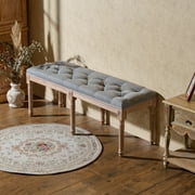French Vintage Bench 48" Upholstered Ottoman w Button Tufting & Carved Wood Gray
