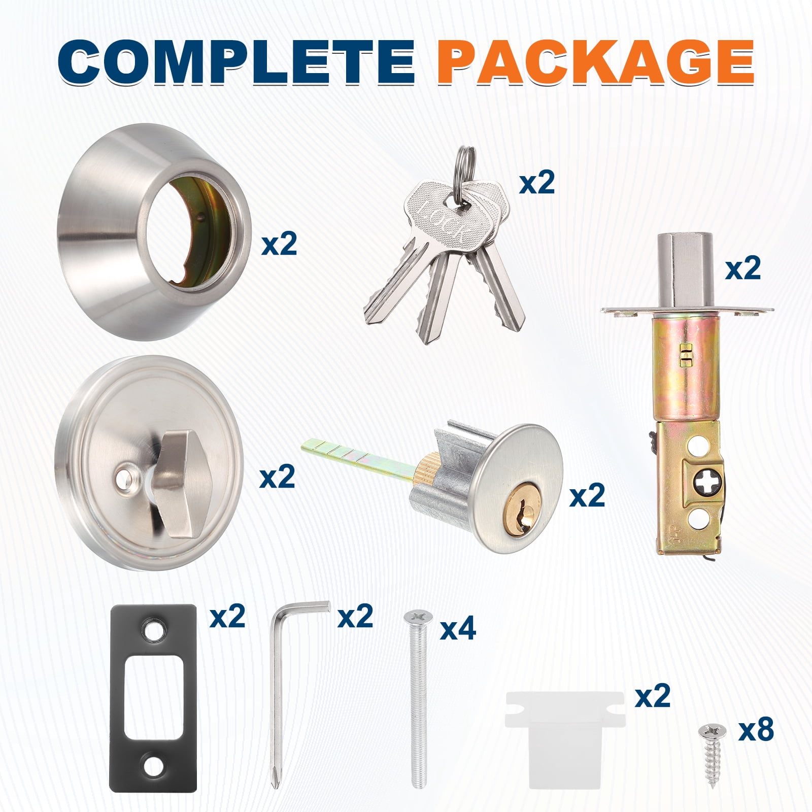 Uxcell Door Lock Set with Single Cylinder Deadbolt (2 Inch, Silver) (2 Set), Round Ball Exterior and Interior Door Knobs, Suit for - Bedroom/Bathroom/Office, Keyed Alike