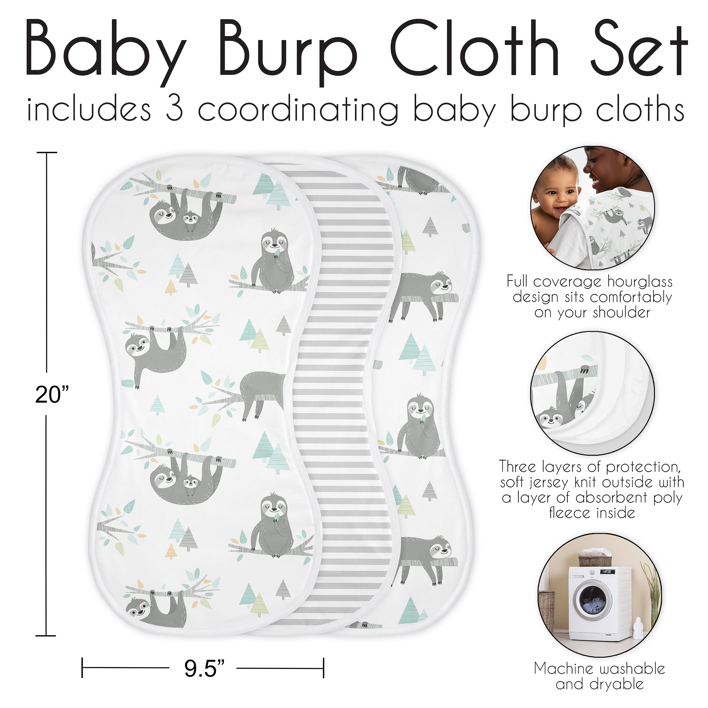 Sweet Jojo Designs Sloth Blue Grey and White Absorbent Burp Cloths 3 Piece Set