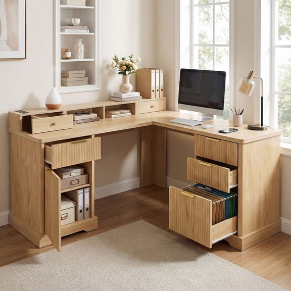 59" L Shaped Desk with Charging Station, Fluted Computer Desk with Monitor Stand, Storage Cabinet & File Drawer, Home Office Desk, Oak