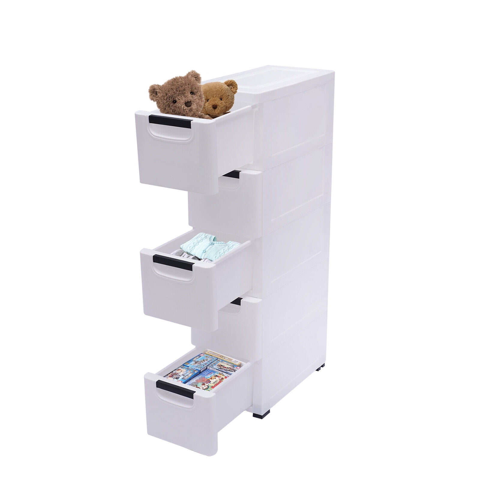 Wuzstar Narrow Plastic Drawers Dresser with Wheels 5 Drawers Tower Closet Organizer Storage Cabinet Rolling Storage Cart, White