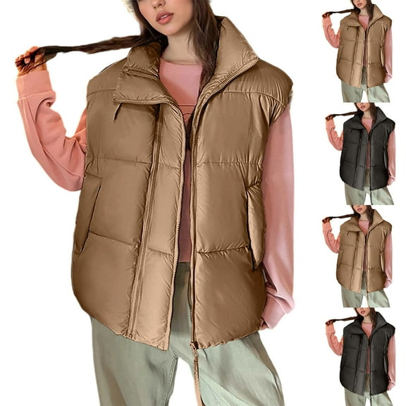 Women's Puffer Winter Warm Vests Casual Colored Sleeveless Hooded (Coffee L)