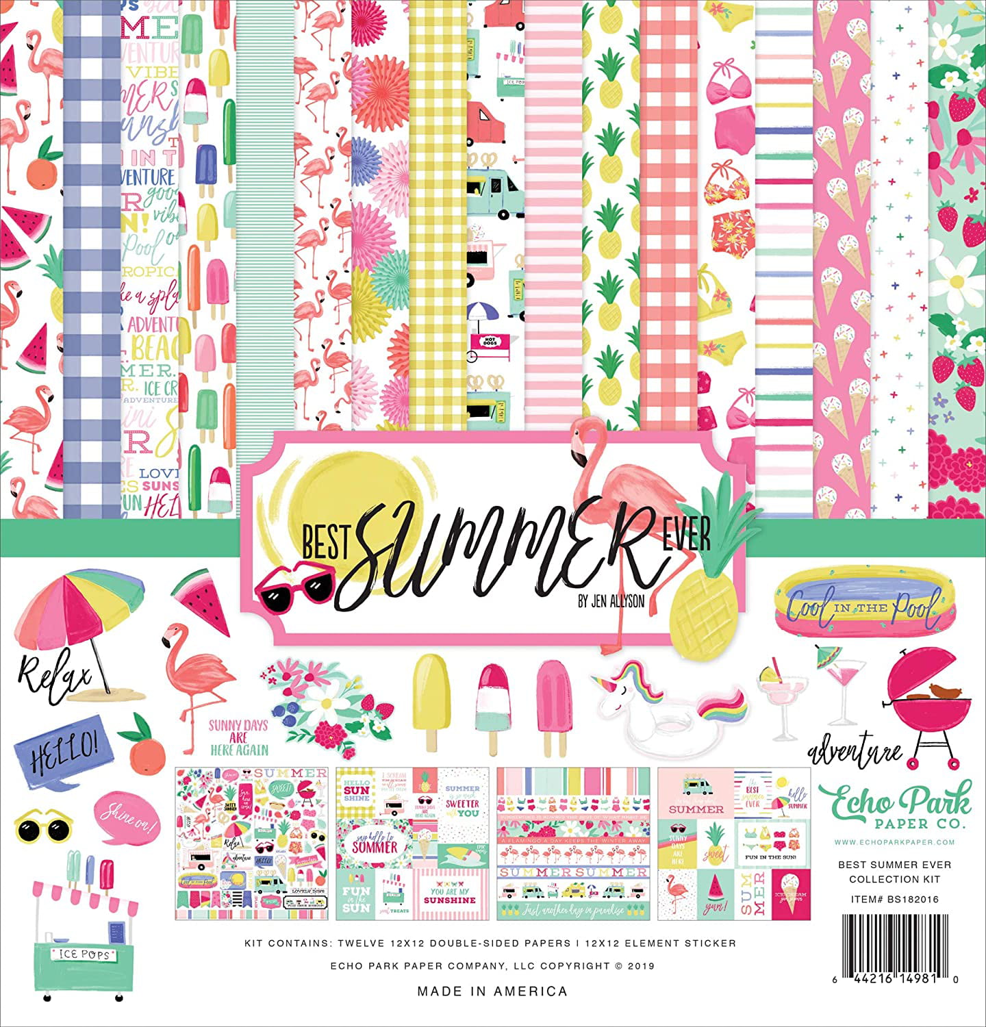Teal Green Echo Park Paper Company SU178016 I Love Summer Collection Kit Paper Yellow Blue Pink red 
