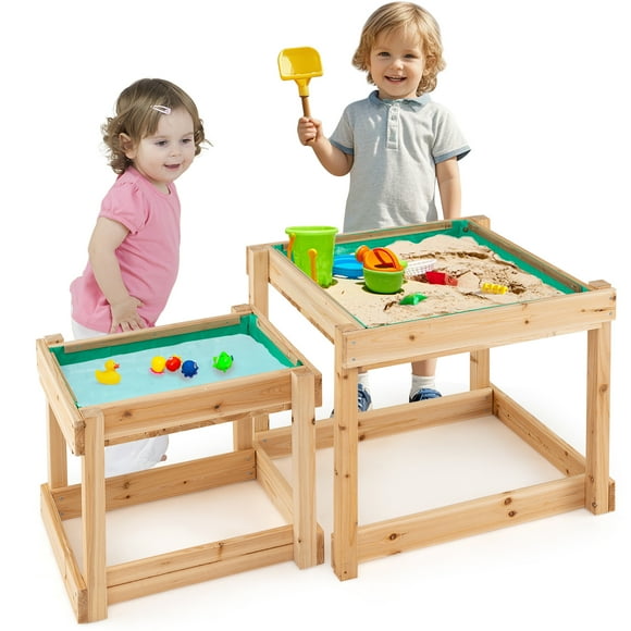 Gymax Wooden Sand & Water Tables Outdoor Sensory Tables w/ Protective Cover