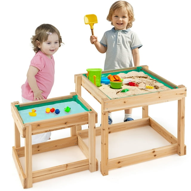 Gymax Tables Sensorielles Extérieures en Bois pour Sable et Eau avec Housse de Protection