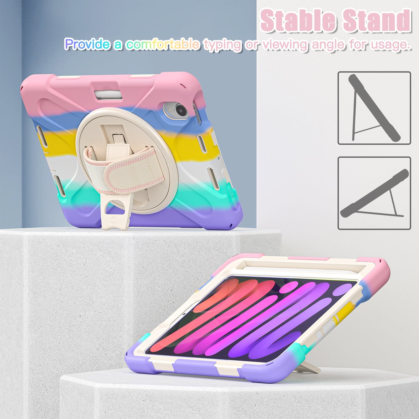 Rugged Case for 2021 Apple iPad Mini 8.3-Inch (6th Generation 2021 Release) - Rotating Stand Case with Adjustable Hand Strap /Pencil Holder, Shockproof Protective Hard Cover (Rainbow Pink)
