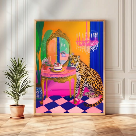 Panther Vanity Print – Maximalist Glam Wall Art – Bold Jungle Decor – Dopamine Birthday Cake Print – Checkerboard Pop Art Poster Wall Art, Modern Wall Decor, 8x12 UNFRAMED