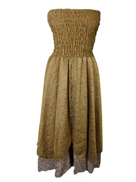 Mogul Womens Vintage Two Layer Printed Brown 2 In 1 Dress And Long Skirts