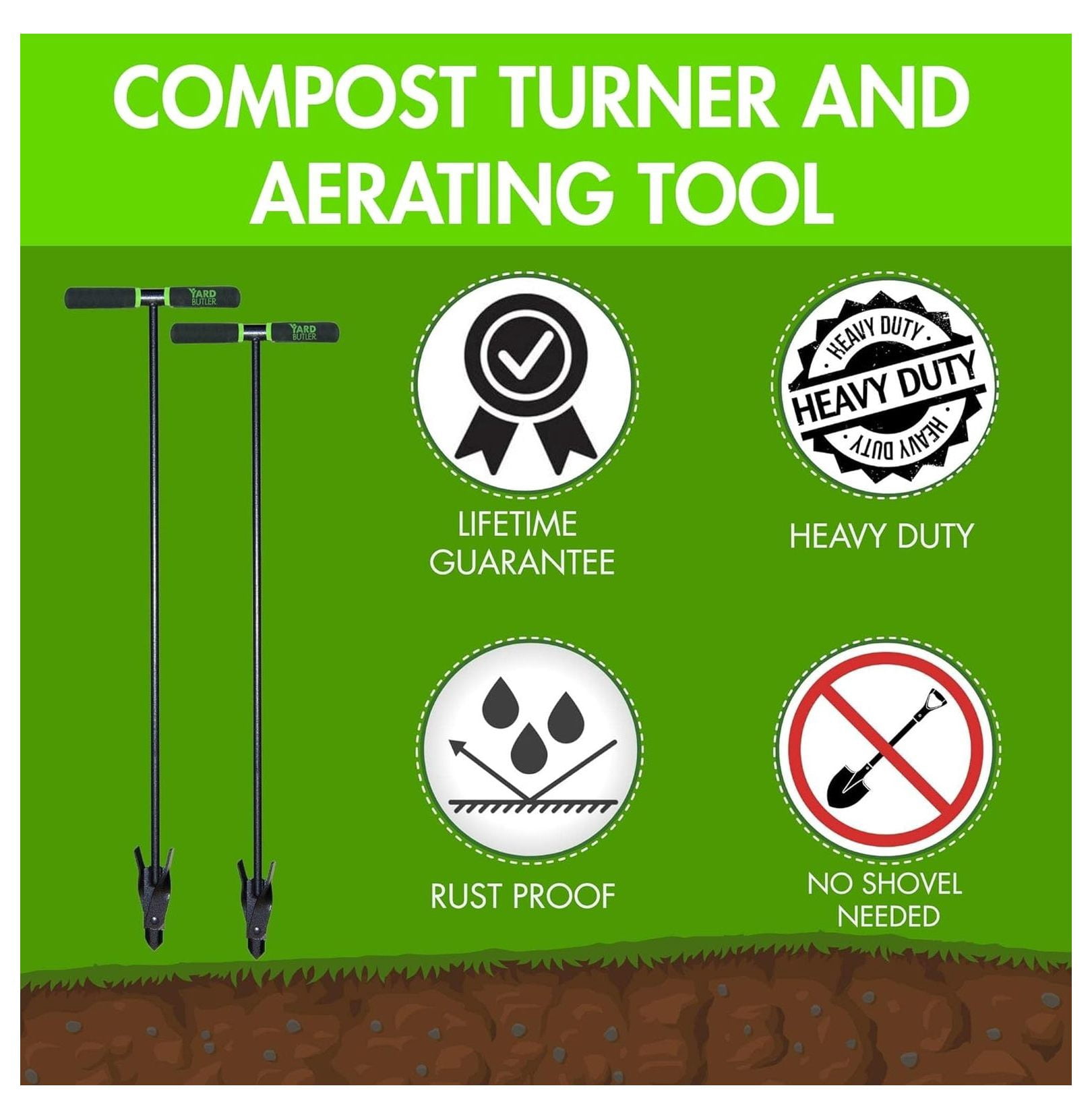 ICA-36 Compost Aerator - Lawn Care Tool for Aerating - Long-Handled - Power-Coated Steel Construction - Comfortable Cushioned Handles Garden Tool - Easy to Use