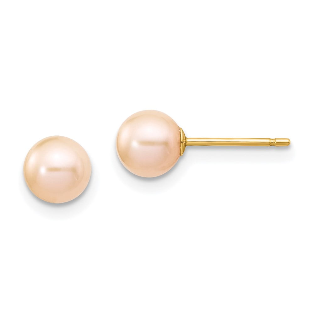 14K Yellow Gold Round Pink Freshwater Cultured Pearl Hoop Dangle Earrings 6mm