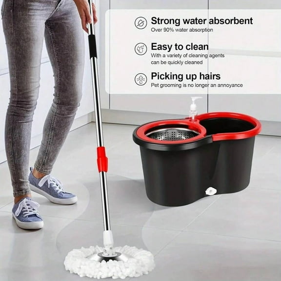 360 ° Spinning Mop Bucket System - Spin Mop And Bucket With Wringer Set On Wheels - 3 Microfiber Mop Replacement Heads,Bucket,Stainless Steel Adjustable Handle for Floor Cleaning