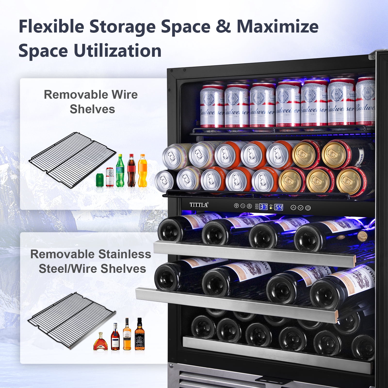 Tittla 24 Inch Beverage Refrigerator,Dual Zone Built in Wine Cooler Fridge ,27-Wine Bottles and 84-Cans